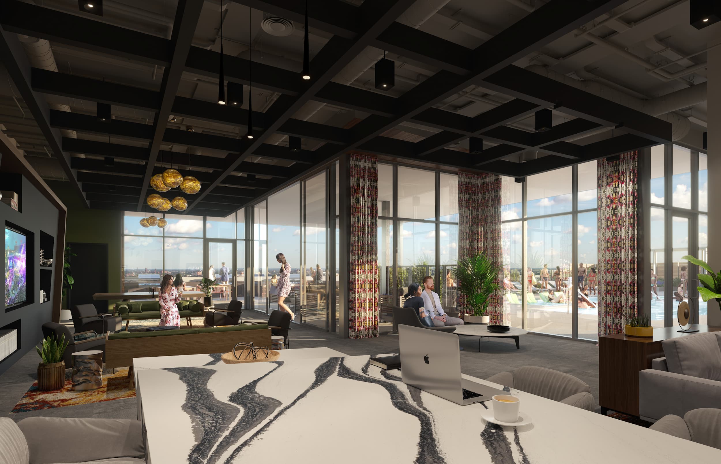 Interior Daytime View Resident Lounge With Large Windows, Seating, Entertainment, and View of Outdoor Rooftop Pool